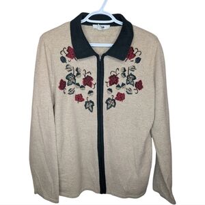 ALIA Zip up Cream Green Leaf Embroidered Sweater Women Medium Grandma Knit